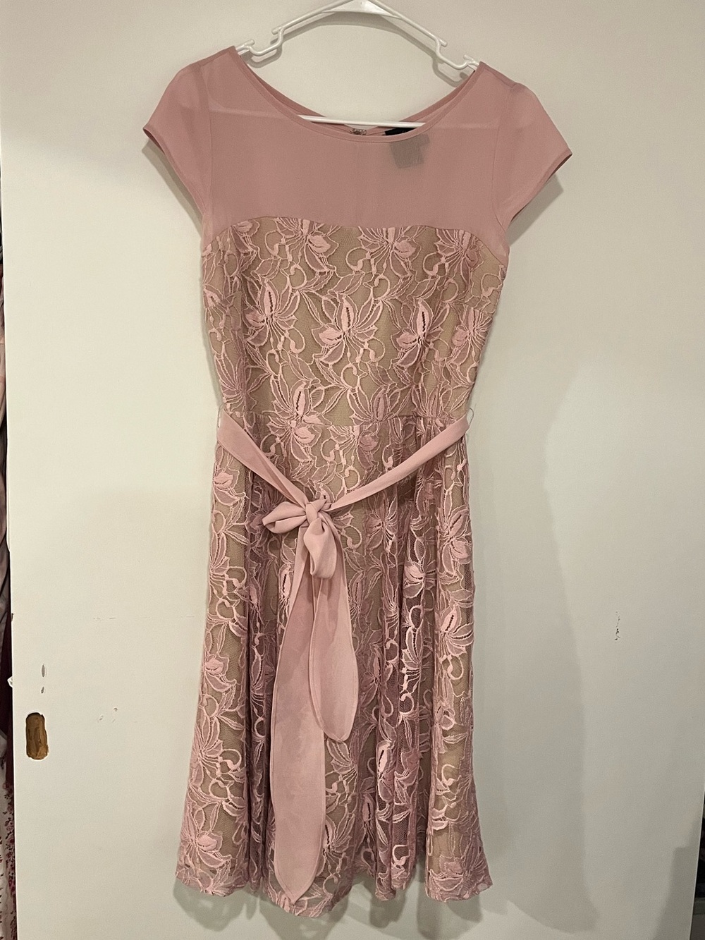 Gabby Skye Dusty Rose Lace Fit & Flare Dress with Tie Waist
